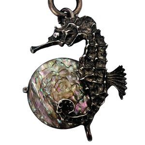 Sterling Silver Abalone Seahorse Pendant Vintage Sea Beach Marine Necklace